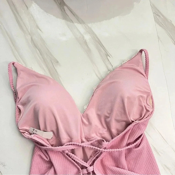 Aerie Waffle V-Neck One Piece Swimsuit Size XL Country Pink Adjustable Straps - Picture 7 of 14